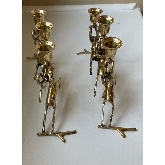 Polished Brass Reindeer 3 Pillar Candleholder Candelabra Vintage- Set Of 2 - Picture 4 of 10